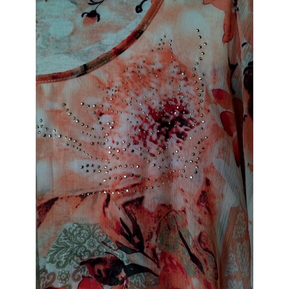 Women's Sheer Floral Blouse – Pink Orange Batwing Top with Rhinestone Detail - Picture 4 of 5